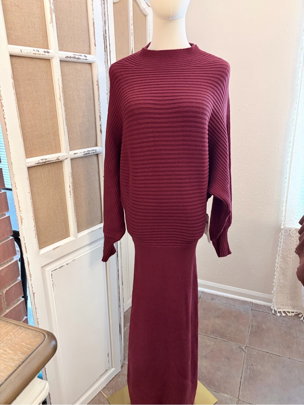 Anthropologie Mock Neck Ribbed Knit Slouchy Pullover Burgundy M NWT